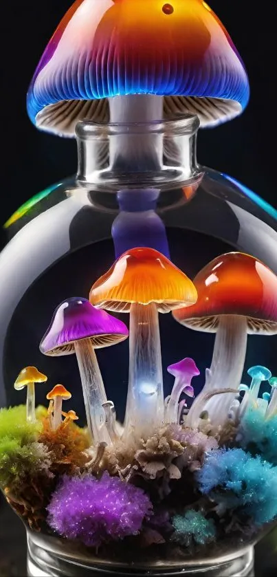 Glowing mushrooms inside a glass vase emit vibrant neon colors.