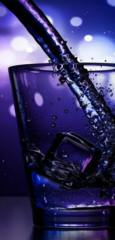 Purple glass with liquid splash and bokeh background.