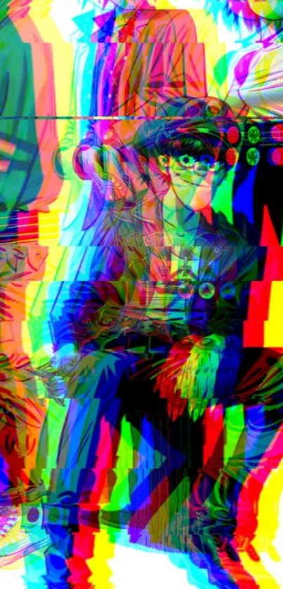 Vibrant glitch anime background with colorful characters.