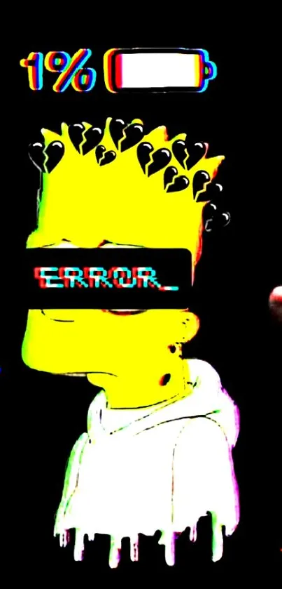 Colorful glitch art of animated figure with low battery and error message.