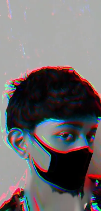 Masked portrait with vibrant glitch effect in red and blue tones.