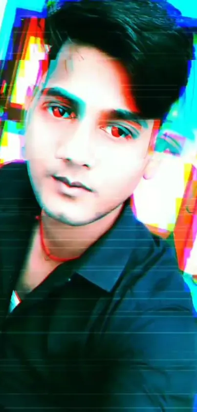 Vibrant glitch effect portrait with neon blue and red tones.