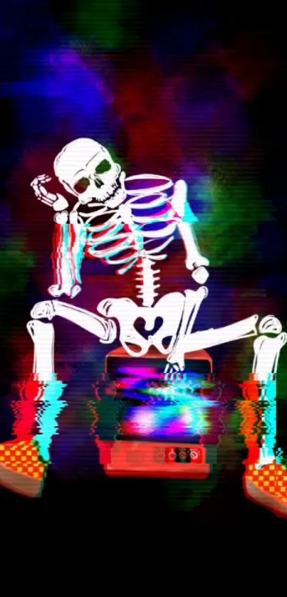 Vibrant skeleton with glitch effect in neon colors, modern wallpaper.