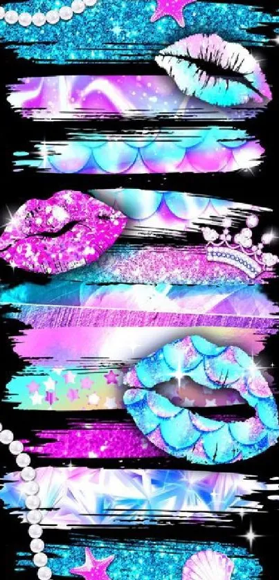 Vibrant abstract glitter art wallpaper with lips and stars.