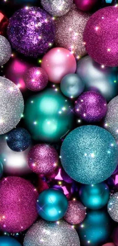 Vibrant wallpaper with glitter balls in teal, pink, and purple colors.