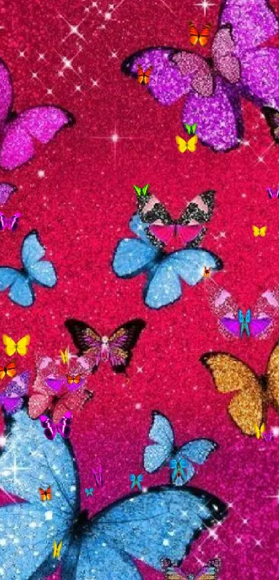 Glittery butterflies on a pink phone wallpaper background.