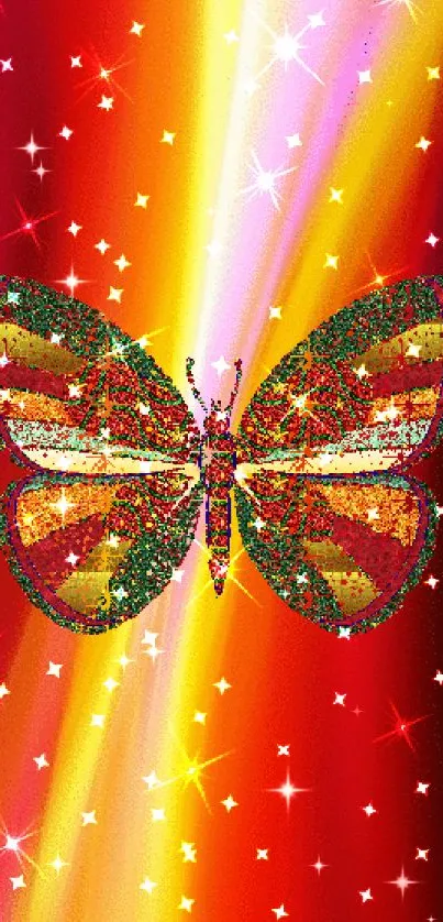 Vibrant glitter butterfly with a colorful starry background.