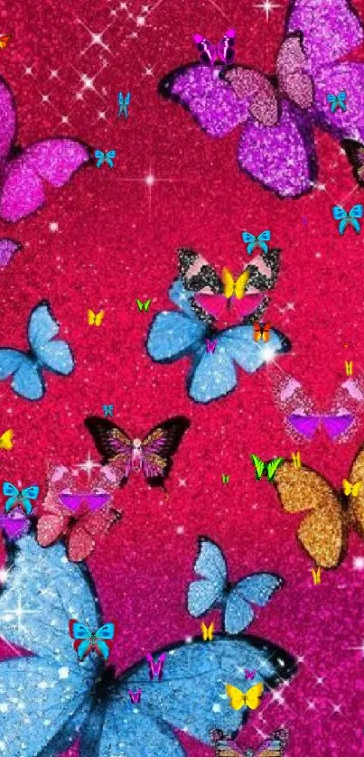 Colorful glitter butterfly wallpaper with a pink and blue sparkling background.