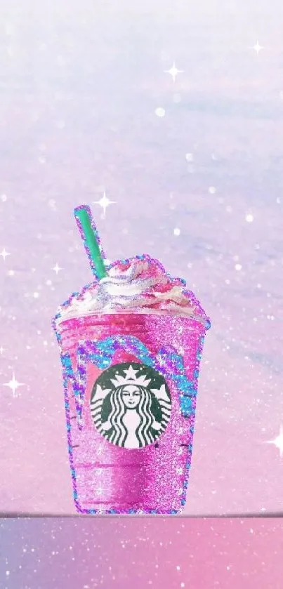 Sparkling pink and purple glitter drink on vibrant wallpaper.