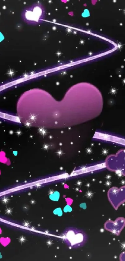 Vivid glitter heart wallpaper with purple and turquoise accents.