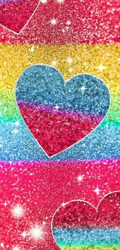 Vibrant glitter wallpaper with hearts and colorful stripes.