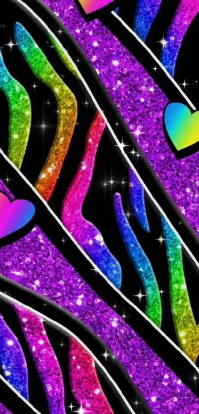 Vibrant mobile wallpaper with rainbow hearts and purple glitter design.