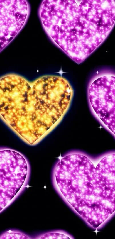 Purple and golden glitter hearts mobile wallpaper with vibrant sparkles.