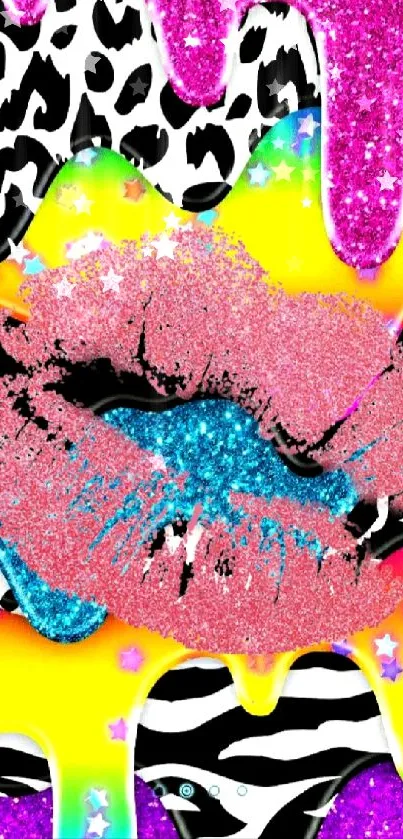 Vibrant glittery lips on colorful background with animal prints.