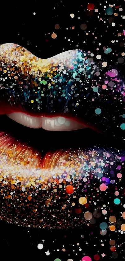 Vibrant lips with multicolored glitter on a black background.