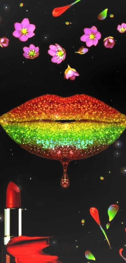 Black background with glittery rainbow lips and flowers mobile wallpaper.