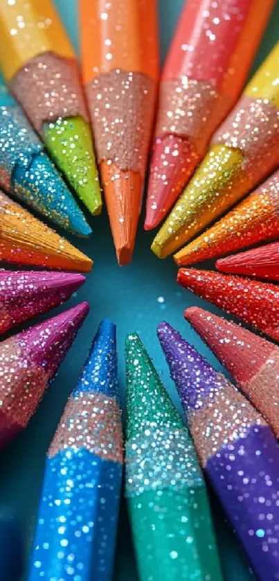 Circular arrangement of glittering colored pencils.