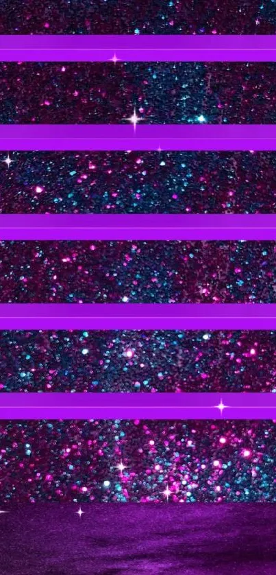 Vibrant magenta glitter wallpaper with floating shelves.