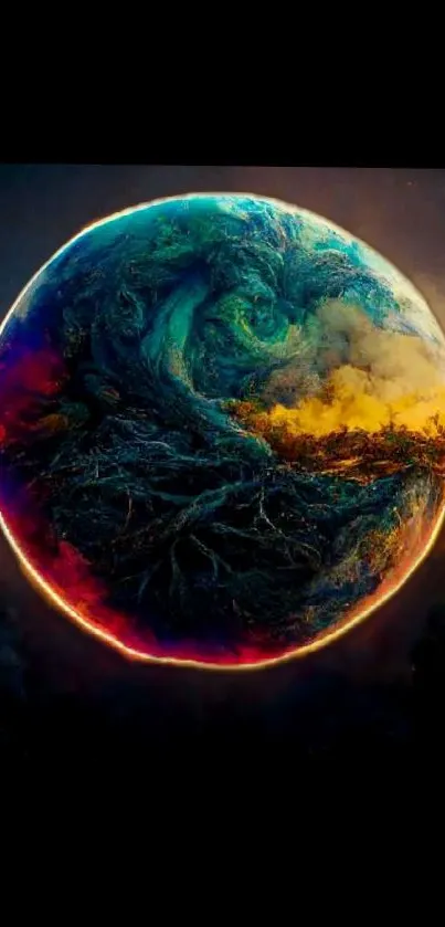 Vibrant fantasy globe with swirling colors and dynamic design on mobile wallpaper.