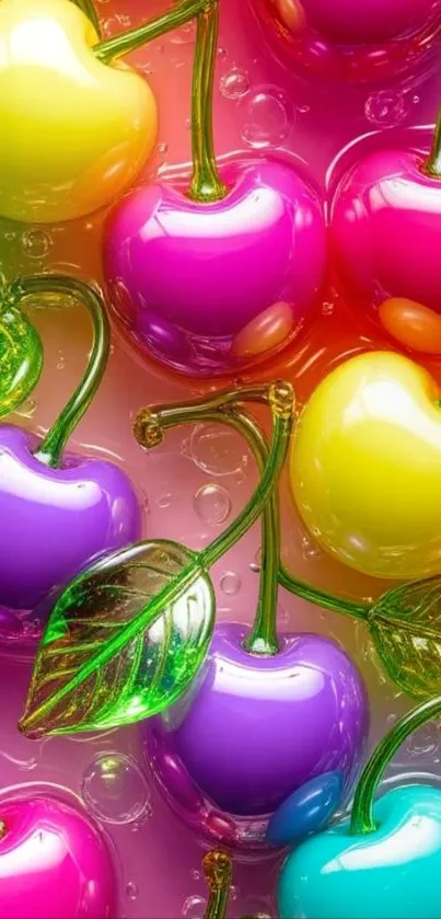 Vibrant multicolored cherries wallpaper design.
