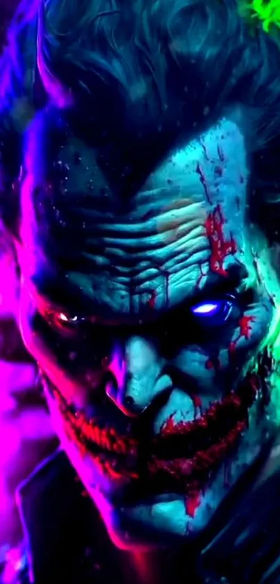 Vibrant neon Joker wallpaper with intense colors and striking expression.