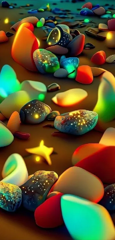 Mobile wallpaper with glowing stones on a dark beach at night.