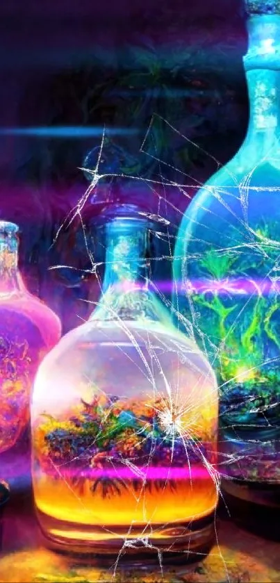 Colorful glowing bottles in a fantasy scene, vibrant wallpaper.