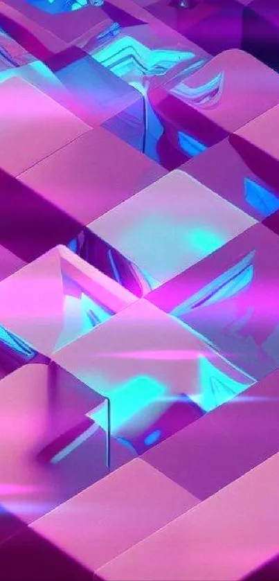 Colorful wallpaper with glowing purple and blue cubes on a mobile screen.