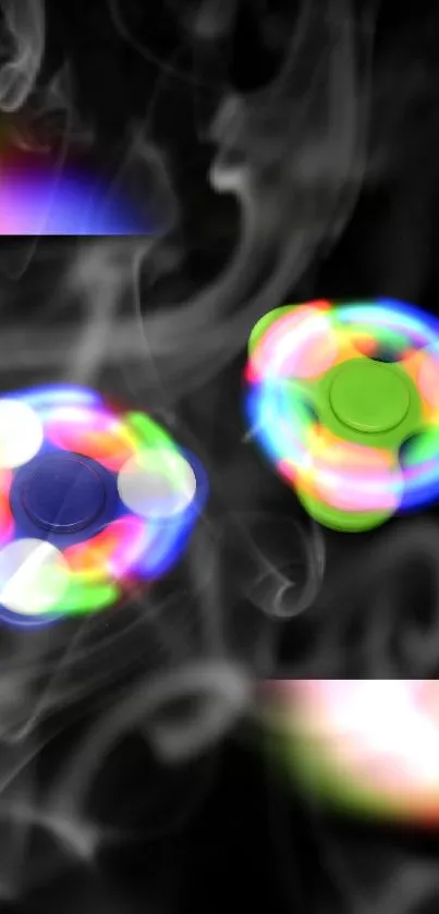 Colorful glowing fidget spinners on dark background