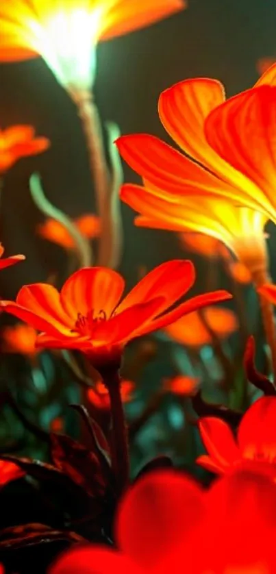 Glowing orange flowers in the dark light up the mobile wallpaper with vibrant hues.