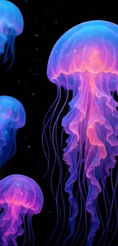 Vibrant glowing jellyfish against a dark background.