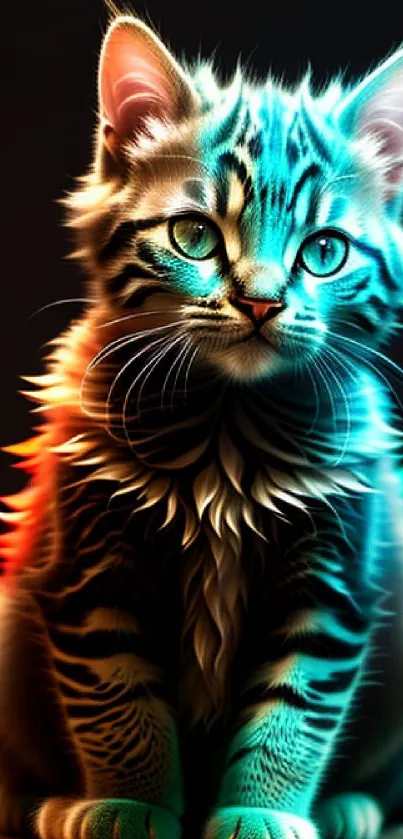 Vibrant glowing neon kitten on a dark background.