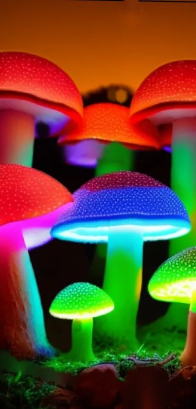 Vibrant glowing mushrooms in colorful hues.