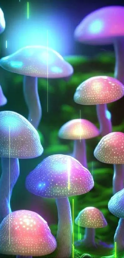 Colorful glowing mushrooms in a vibrant, mystical forest setting.