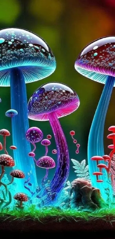 Colorful neon mushrooms in a vibrant digital artwork.