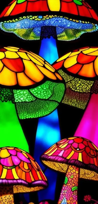 Vibrant and colorful glowing mushrooms in psychedelic art style.