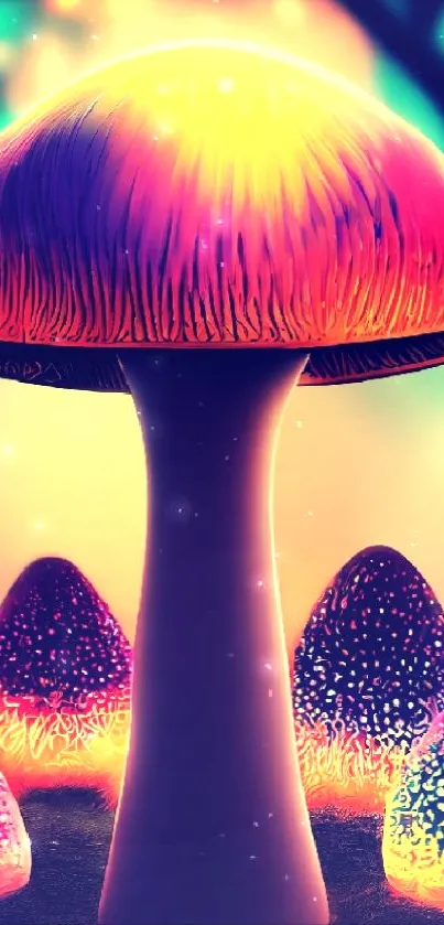 Vibrant mushrooms glowing with psychedelic colors in a mystical forest scene.