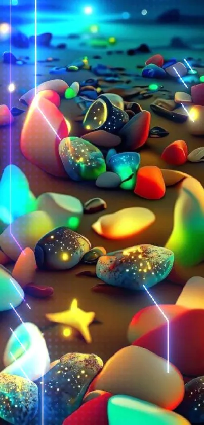 Vibrant glowing pebbles on a beach at night.