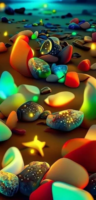 Colorful pebbles with glowing neon light on a serene beach.