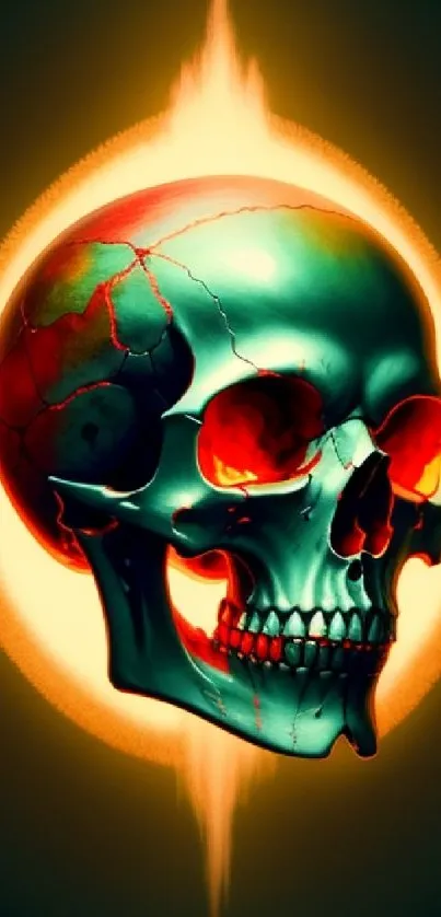 Vibrant glowing skull art against dark background.