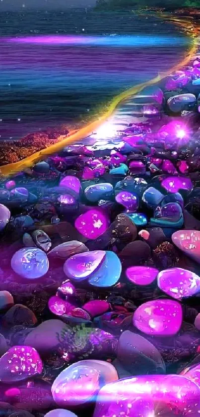 Vibrant beach with glowing stones at night, perfect for mobile wallpaper.