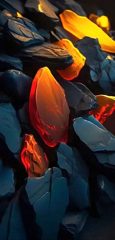 Vivid glowing stones among dark rocks on a mobile wallpaper.