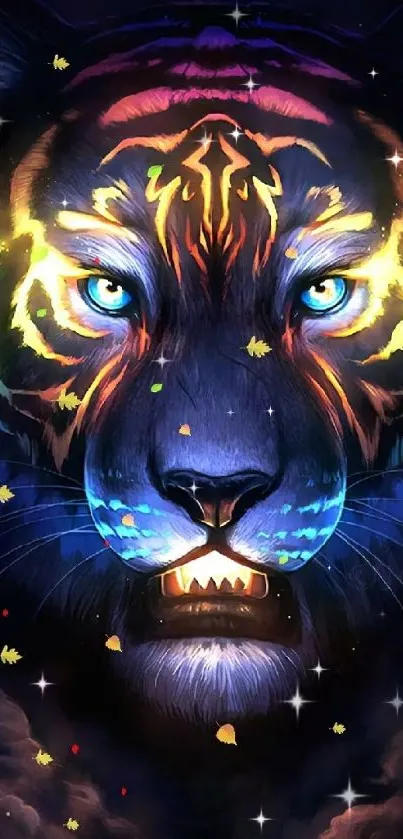 Vibrant neon tiger with glowing eyes in dark, colorful art.