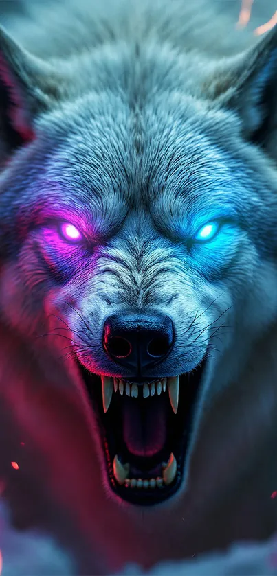 Neon-lit wolf with vibrant glowing eyes in digital artwork.