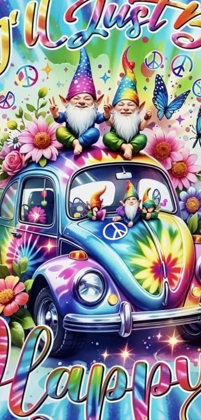 Colorful wallpaper with gnomes on a vibrant car and flowers.