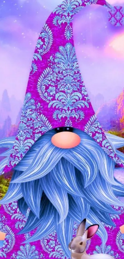 Whimsical gnome in a vibrant fantasy landscape with blue beard and colorful design.