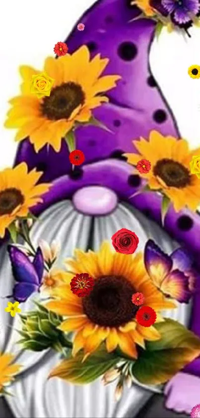 Purple gnome with sunflowers and butterflies.