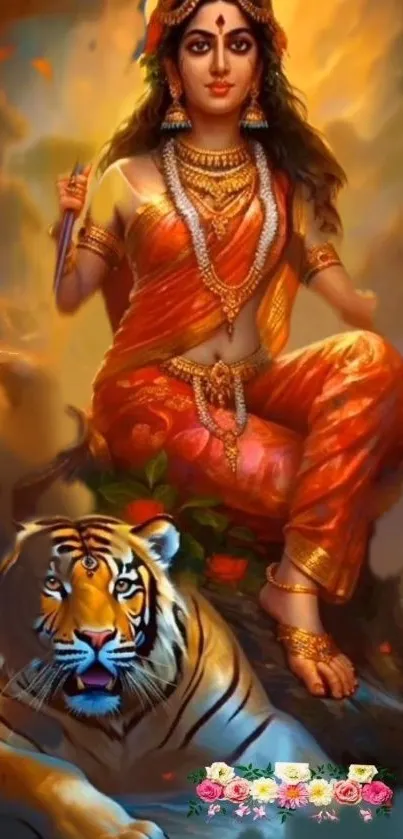 Artistic mobile wallpaper with a goddess and tiger in vibrant orange hues.