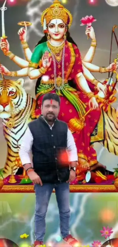 Vibrant mobile wallpaper featuring a Hindu goddess and devotee with vivid colors.