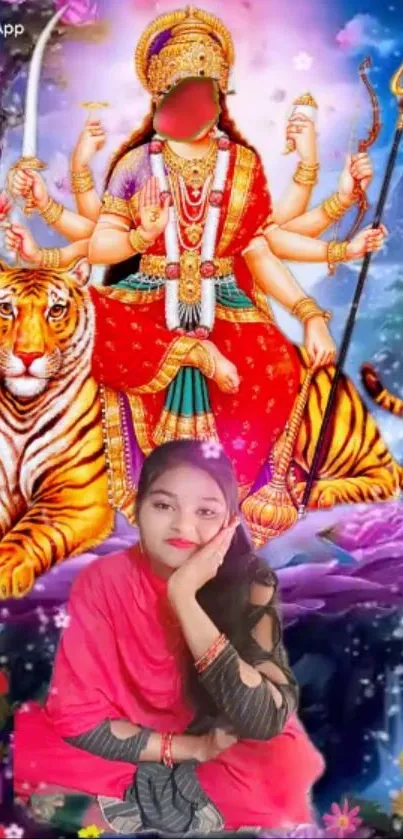 Colorful goddess and devotee with tiger, vibrant artistic wallpaper.